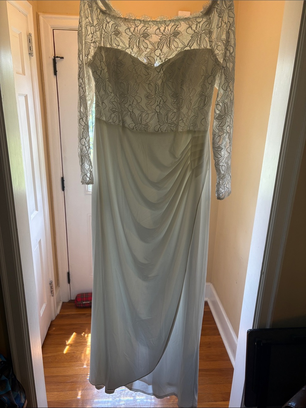 David's Bridal Light Sage Lace Long Sleeve Evening Gown